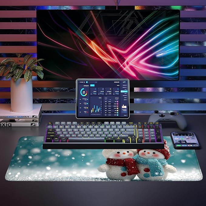 Mouse Pad, Large Anti-Slip with Stitched Edges Desk Mat Desktop Laptop Computer Desk Keyboard Mat,Table Protector Blotter Mat (Two Snowman, 31.5" x 11.8")