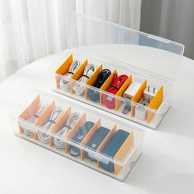 Charger Organizer, Cable Cord Organizer Box (2PCS) - Adjustable Dividers, 16 Cable Ties, Clear Charger Storage Box for Cable, Phone, Drawer Organization