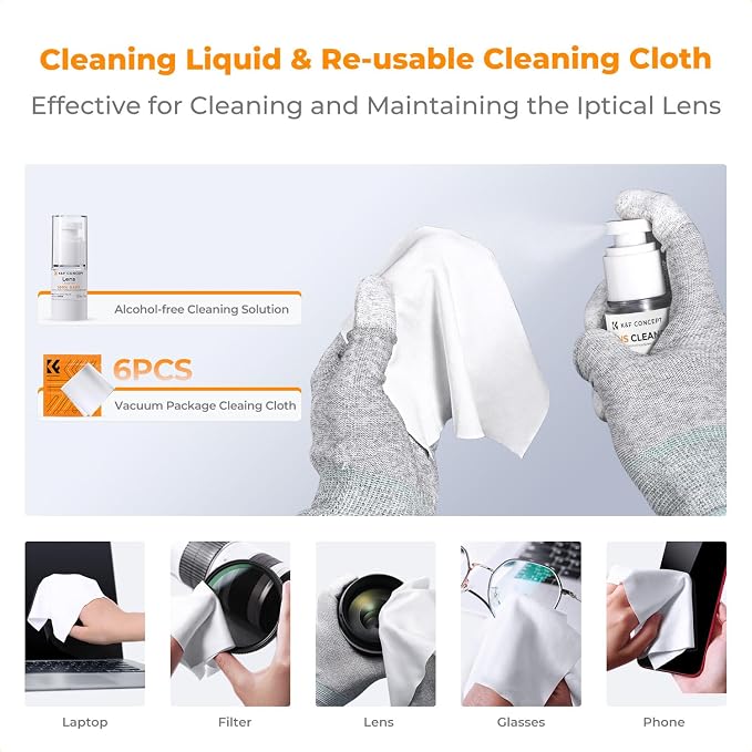 K&F CONCEPT 23 in 1 Camera Lens Cleaning Kit for DSLR Filter with Replaceable Cleaning Pen+Air Blower+Cleaning Liquid+Cleaning Cloth*2+Full-Frame Swab*10+Vacuum Cleaning Cloth*6+Anti-Static Gloves - Image 4