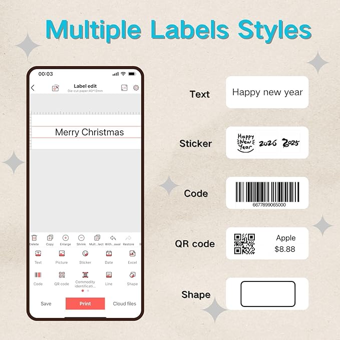 P15 Portable Bluetooth Label Maker Machine Versatile App with 1000+ Templates, Inkless Printer for Home, Kitchen, School, Office Organization, with 1 Waterproof Label, White