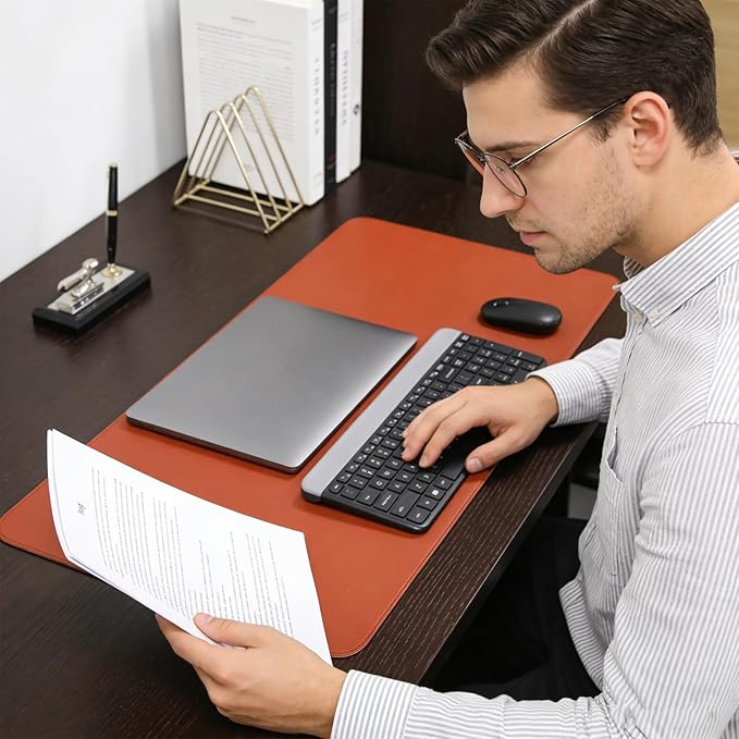 Double-Sided Keyboard Mouse Pad, 31.5"x15.7" PU Leather and Cork Desk Mat Large Overlocked-Edge Desk Pad with Matching Thread, Orange