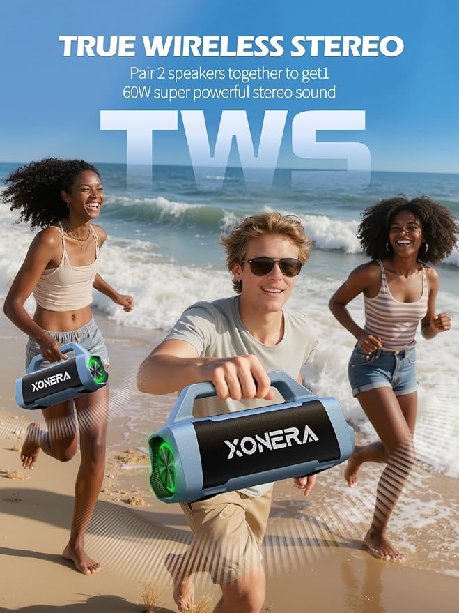 Speakers Bluetooth Wireless, 80W Peak Loud Outdoor Speaker with Bass, 20H Playtime, IPX6 Waterproof, TWS，BT5.3, Portable for Camping Hiking Boating Pool Beach, Smoky Blue