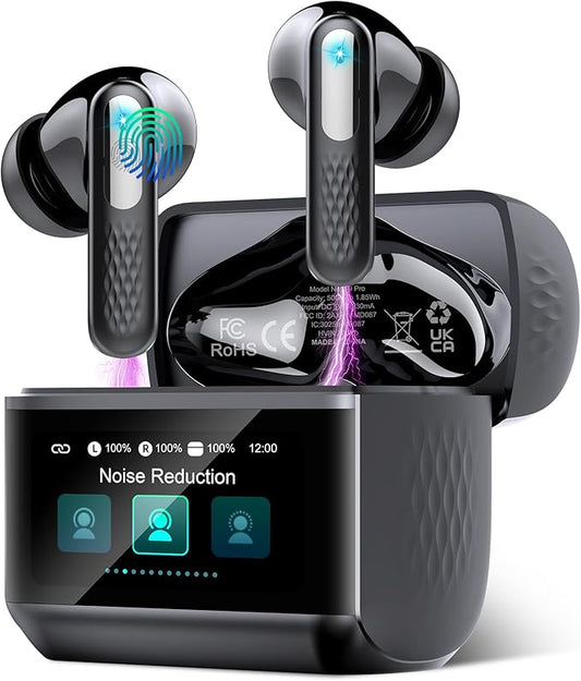Wireless Earbuds with Touch Screen, Bluetooth 5.4 Headphones, ANC/ENC Noise Cancelling, 48H HiFi Stereo Bluetooth Ear Buds with 5 EQ Modes, Transparency Mode, IPX7 Earphones, Darkblack