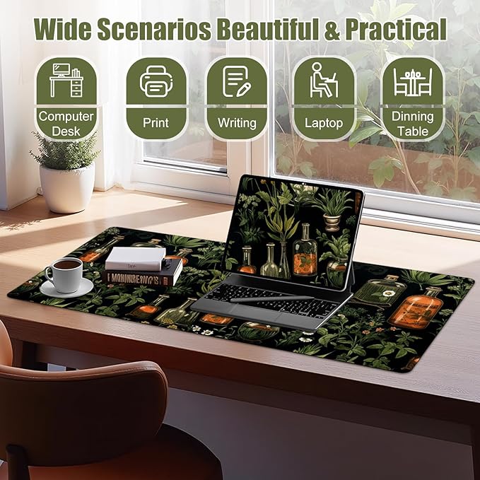 Mystical Green Plants Desk Matt for Desktop, DeskMat Pad, Desk Mat for Keyboard and Mouse, Large Mouse Pad for Desktop, Anti-Slip Stitched Edges Big Mousepad, Mouse Mat for Computer, Botanical Pattern