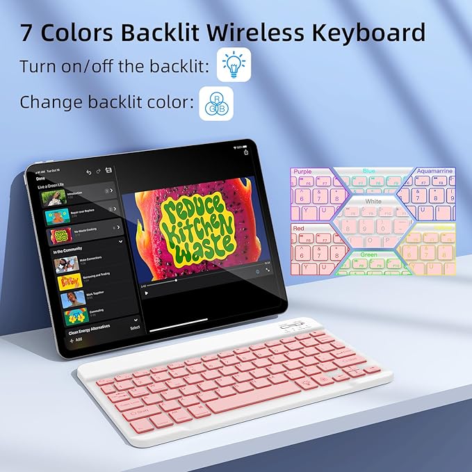 XIWMIX Ultra-Slim Wireless Bluetooth Keyboard-7 Colors Backlit Universal Rechargeable Portable Keyboard for iPad 10th/9th/8th/iPad Pro/Air/Mini/Galaxy Tablet & Other iOS Android Windows Devices-Pink