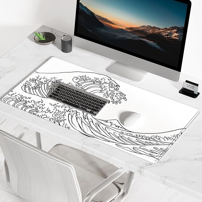 BOSOBO Large Desk Mat, XXL Extension - Gaming & Office Home Use, Full Cover 31.5 x 11.8 Inches, Art Kanagawa Surfing White