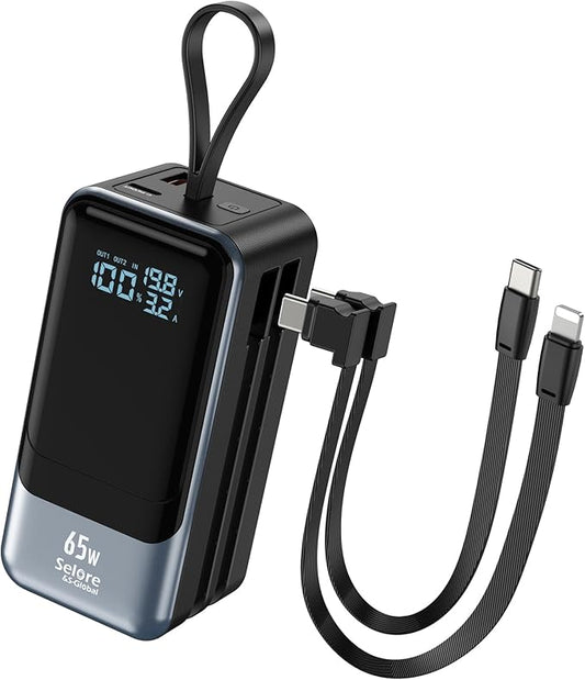 Fast Charging Power Bank 18400mAh 65W Portable Laptop Charger, LCD Display, Travel Essential Battery Pack with Built-in USB-C & Lightning Cables for iPhone 16/15/14/13/12 MacBook Samsung
