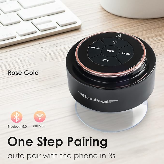 XLEADER SoundAngel Mate(2nd Gen) Pro Shower Speaker, Certified IPX7 Waterproof Bluetooth Speaker, 8W Crystal Sound&Rich Bass, 15H Playtime, with Suction Cup & Silicone Lanyard, Ideal Gifts, Rose Gold