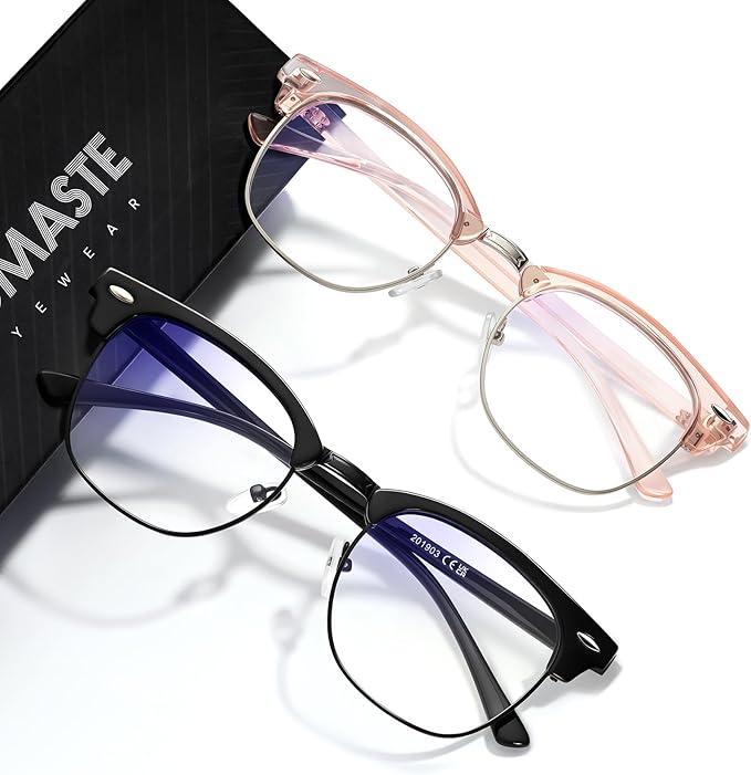 Blue Light Blocking Glasses Vintage Half Frame UV Clear Lens Anti Eyestrain Computer Gaming Glasses for Women Men (G07-crystal Pink+Bright Black)