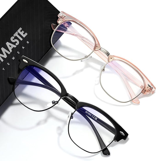 Blue Light Blocking Glasses Vintage Half Frame UV Clear Lens Anti Eyestrain Computer Gaming Glasses for Women Men (G07-crystal Pink+Bright Black)
