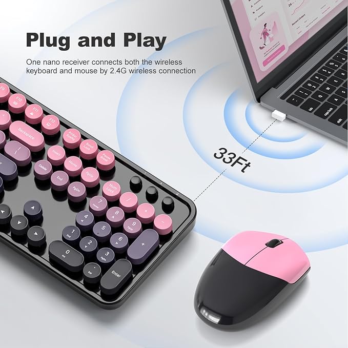 MOFII Wireless Keyboard and Mouse Combo, Retro Typewriter Keyboard with Colorful Round Keycaps, 2.4GHz USB Plug Play Connection for PC Laptop Windows XP/7/8/10 (Berry Pink)
