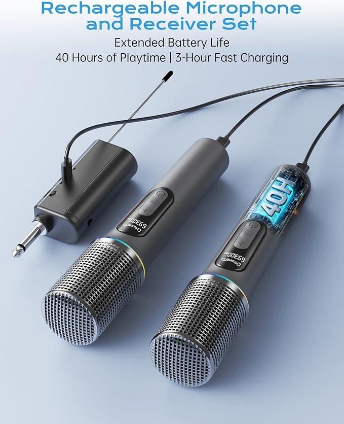 Wireless Microphone, Professional Handheld Dynamic Mic with Rechargeable Receiver, 5-Level Volume Adjustment, Dynamic RGB Lighting, 40-Hour Battery Rechargeable Microphone for Karaoke and Weddings.