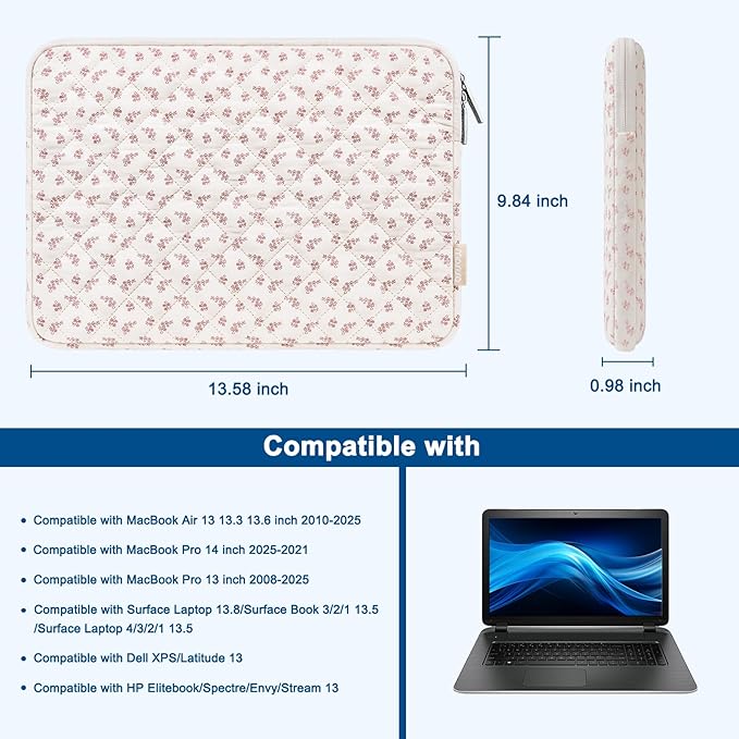 MOSISO 13-14 inch Laptop Case, 13.3 inch Puffy Laptop Sleeve Compatible with MacBook Air 13.6 M4 M3 M2 M1/Pro 13/Pro 14, HP Dell ASUS Lenovo, Square Quilted Bag&Small Case, Elegant Little Blossom