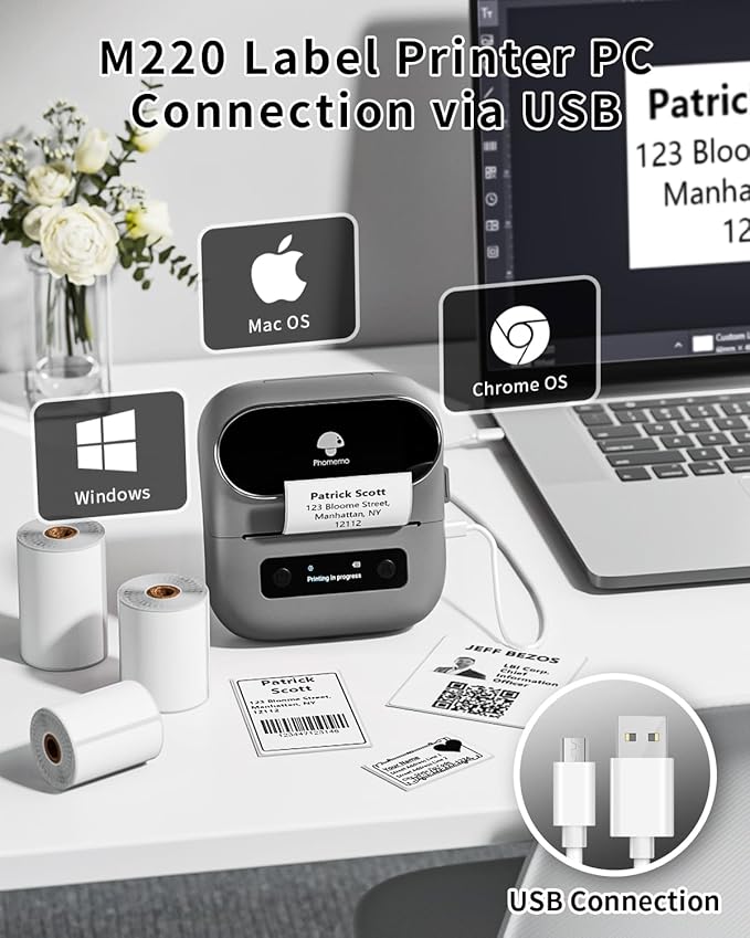 Phomemo Label Printer, M220 Thermal Bluetooth Barcode Label Maker, for Home, Office, School with Printer Case, Compatible with Phone & Laptop
