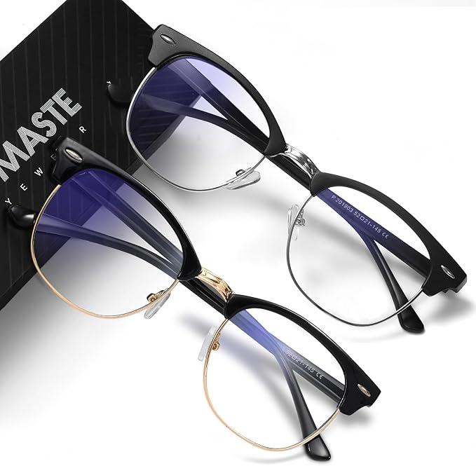 Blue Light Blocking Glasses Vintage Half Frame UV Clear Lens Anti Eyestrain Computer Gaming Glasses for Women Men (E-matte Black Silver+black Gold)
