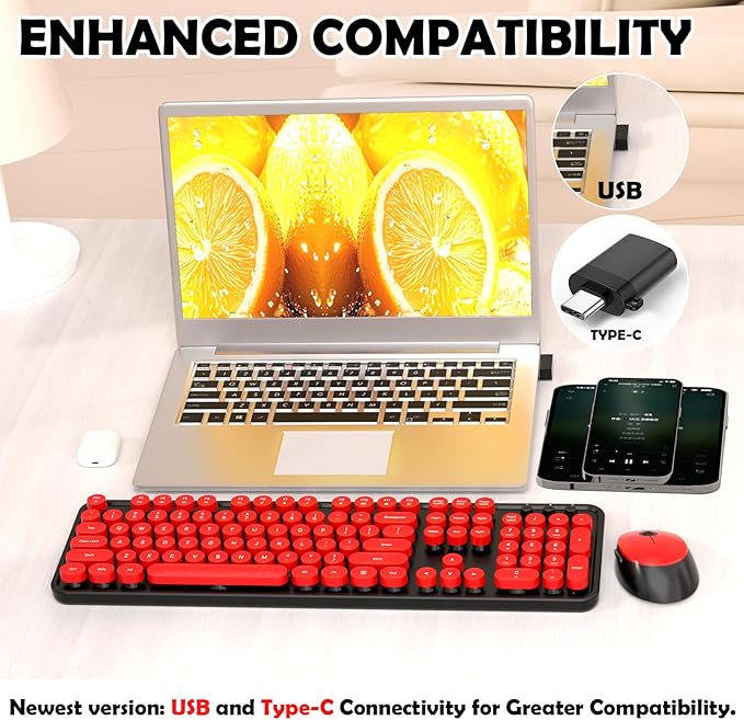 Wireless Keyboard and Mouse, COOFUN Retro Typewriter Keyboard with Round Keycaps, Full-Size Ergonomic, Ideal for Windows PC, Home, Office, and College Black and Red