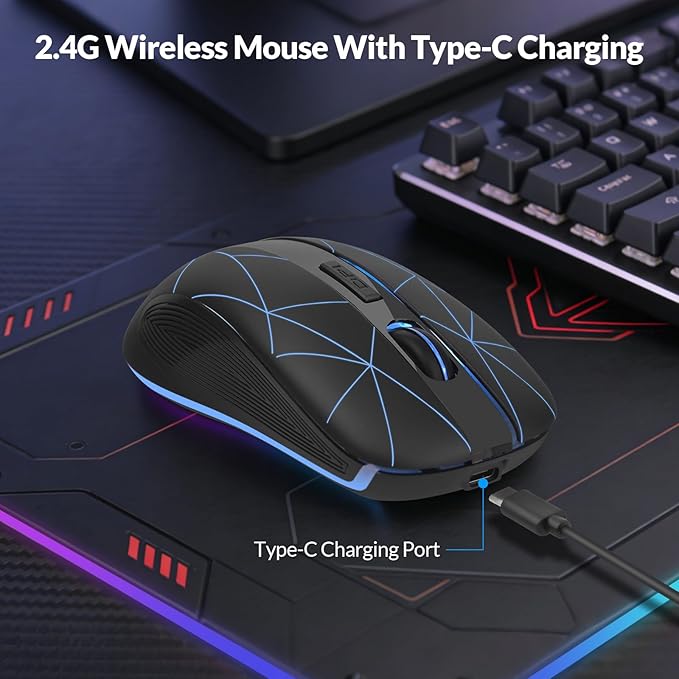 Rii RM200 2.4G Wireless Mouse with USB Nano Receiver, 5 Buttons Rechargeable Mouse,Colorful Backlit RGB Gaming Mouse for Notebook,PC,Computer-Black