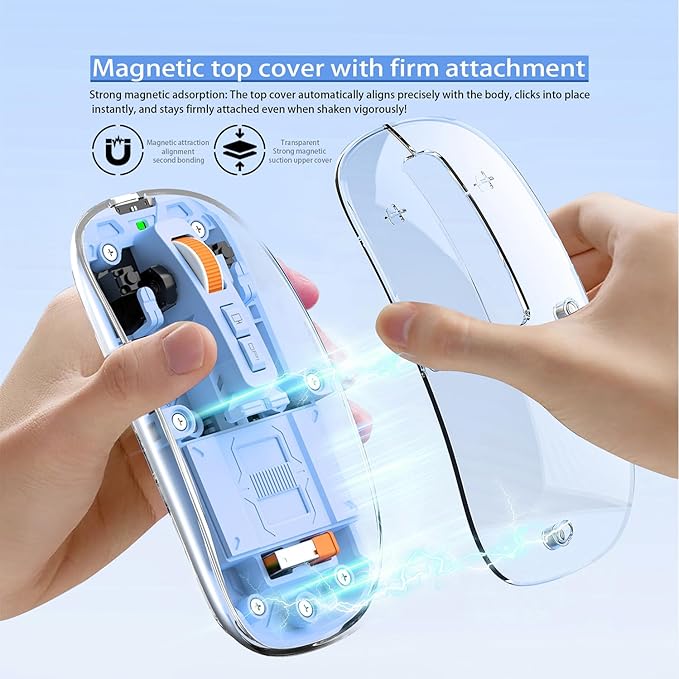 Modern Transparent Slim Wireless Mouse - Magnetic Shell Design, 3-Mode (Dual Bluetooth + USB), Rechargeable, One-Touch Desktop, for MacBook/pc/iPad/Laptop (Blue)