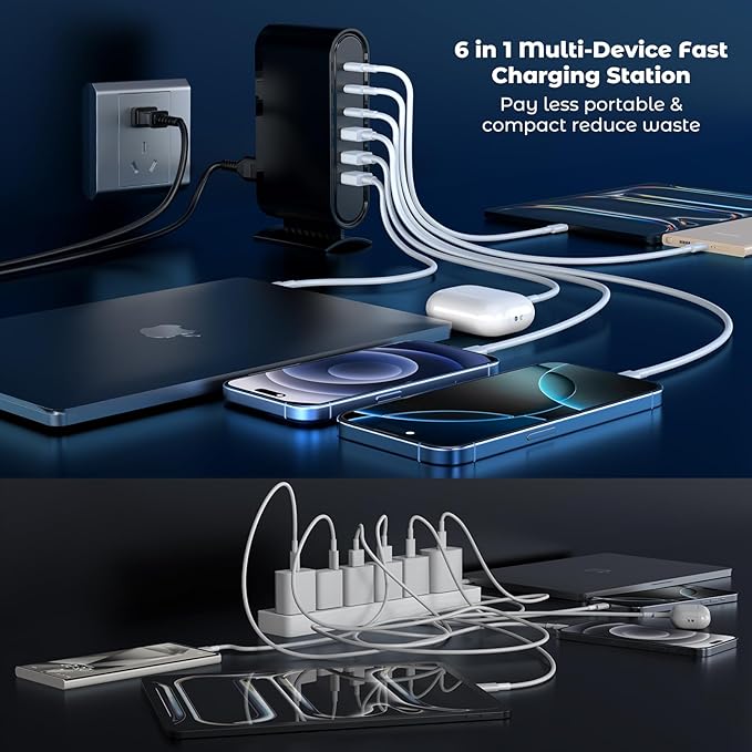 USB C Charger Block Charging Station,6 Port 3 Type C & 3 USB A Fast Charging Hub, Multi Device Wall Plug Brick for Apple iPhone 17 16 Pro Max/17 Air/15/14/iPad/Samsung Galaxy S25 Ultra/S24/S23/Android