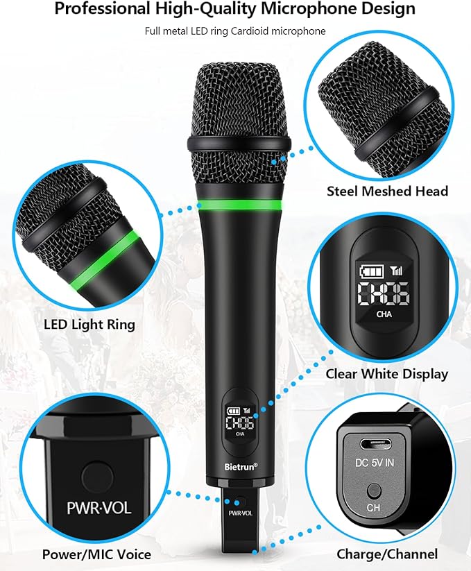 Bietrun Rechargeable Wireless Microphone, Dual Metal Cordless Handheld Dynamic Wireless Mics with 1/4'' Output for Karaoke, Meeting, Singing, Church, Wedding(UHF 240ft Range)(Receiver with Bluetooth)
