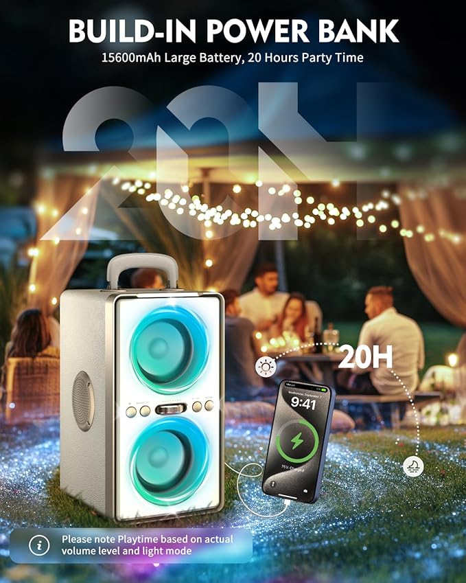 Bluetooth Speaker, 240W Peak Loud Party Speaker with Big Bass, 20H Playtime, TWS, BT5.3, Large Portable Wireless Boom Box with LED Light for Outdoor Backyard Beach Home (Leather White)