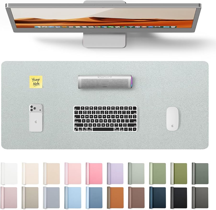 YSAGi Leather Desk Pad Protector, Office Desk Mat, Large Mouse Pad, Non-Slip PU Leather Desk Blotter, Laptop Desk Pad, Waterproof Desk Writing Pad for Office and Home (Silver, 23.6" x 13.8")