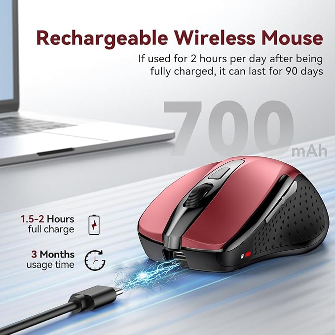 TechRise Bluetooth Mouse (BT5.0/3.0 & 2.4G) Rechargeable Wireless Mouse, 4800 DPI Optical Tracking, 6 Adjustable DPI, 2.4GHz with USB A Receiver, Quiet Clicks, Ergonomic Grips, 6 Buttons - Red