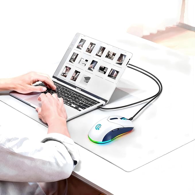 Wired Mouse, USB Computer Mouse 1600 DPI Mobile Optical Mouse Ergonomic Design Computer Mice with Cord for Laptop, PC, Desktop, MacBook, 7 Buttons (White)