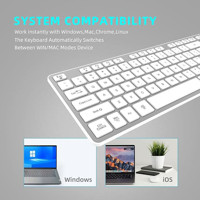 Slim Wireless Keyboard for Mac and Windows, Ultra Quiet Low-Profile Flat Key Board with Full-Size Keys, 2.4GHz Wire Less for PC, Mac, Windows 11/10/8/7 (Silver-1)