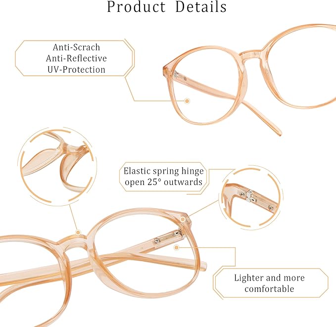 LifeArt Round Blue Light Blocking Glasses, Computer Glasses, Gaming Glasses, TV Glasses for Women Men (Champagne, 3.00 Magnification)