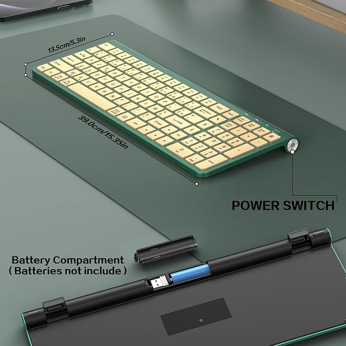 JOYACCESS Slim Compact Wireless Keyboard - Full-Size Silent Keys & Ergonomic Design, Number Pad & Dustproof Cover for Windows/Mac - Emerald Green