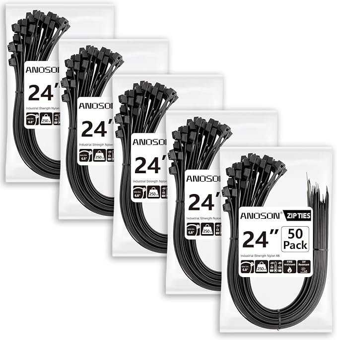 Large Zip Ties Heavy Duty Outdoor 24 inch (250 Pack), Heavy Duty Zip Ties 220 lbs, Black, by ANOSON by ANOSON