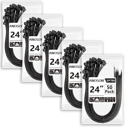 Large Zip Ties Heavy Duty Outdoor 24 inch (250 Pack), Heavy Duty Zip Ties 220 lbs, Black, by ANOSON by ANOSON
