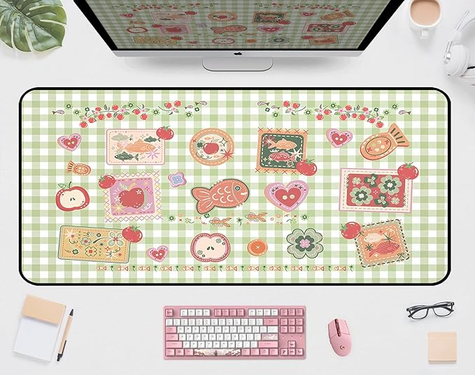 Mouse Pad Cute, Green White Checkered Desk Pad, Retro Gaming Desk Mats, Large Mousepad Laptop Keyboard Mouse Mat, Funny Food Girls Office Desktop Decor Accessories, for Women 31.5"X15.7"