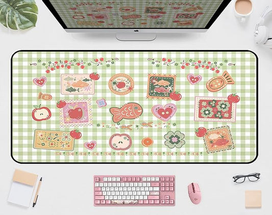 Mouse Pad Cute, Green White Checkered Desk Pad, Retro Gaming Desk Mats, Large Mousepad Laptop Keyboard Mouse Mat, Funny Food Girls Office Desktop Decor Accessories, for Women 31.5"X15.7"