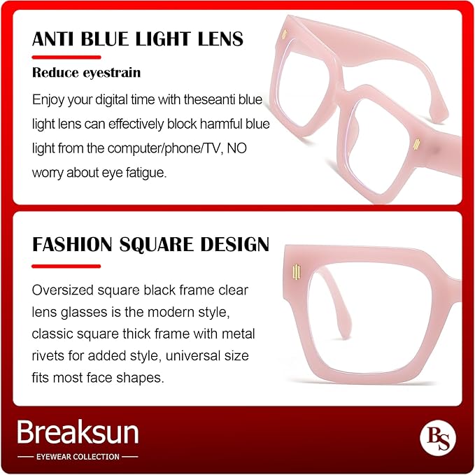 Breaksun Fashion Oversized Blue Light Blocking Glasses for Women Men Trendy Big Square Frame Computer Eyeglasses