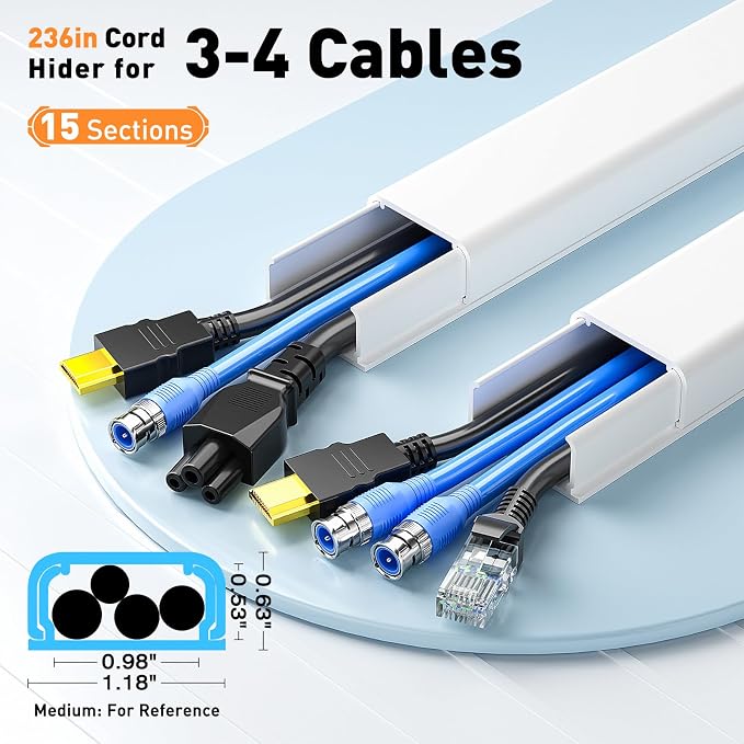 Delamu Cord Hider, 236in Cable Hider, Cord Covers for 3-4 Wires on Wall, Wire Covers for Cords, Wire Hiders for TV on Wall, Easier Setup Cable Cover Cable Management, W1.18 H0.63in, White - Image 2