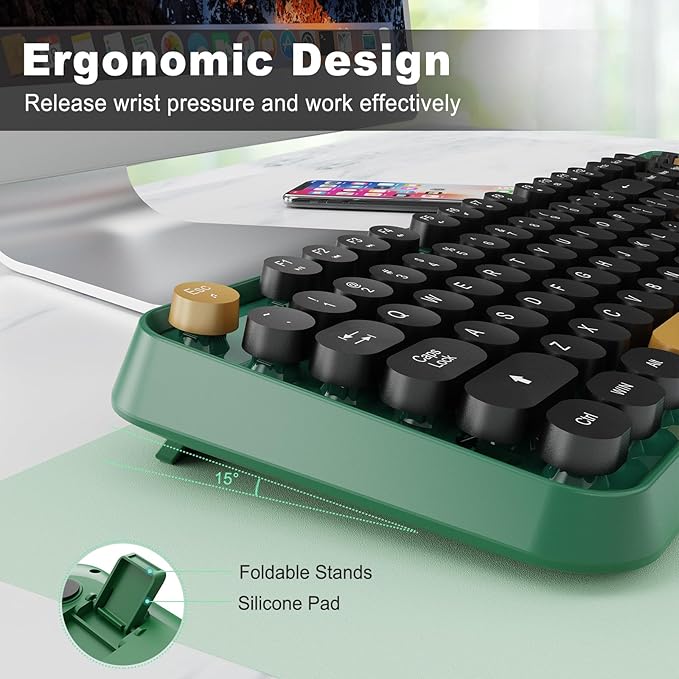 FOPETT Wireless Keyboard and Mouse Combo, 104 Keys Full-Sized 2.4 GHz Round Keycap Colorful Keyboards, USB Receiver Plug and Play, for Windows, Mac, PC, Laptop, Desktop (Black Green)