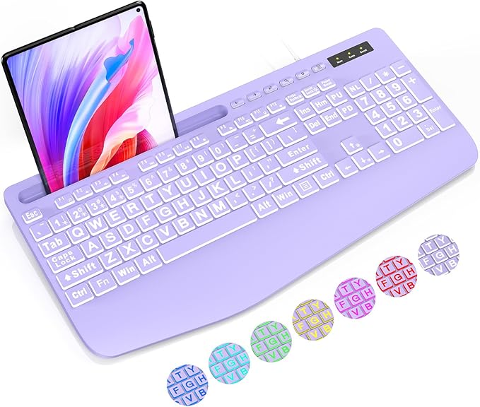 SABLUTE K21Pro Large Print Backlit Computer Keyboards, Wired Lighted USB Keyboards with 7-Color Backlit, Wrist Rest, Phone Holder, Easy to Read and Type for Laptop, PC, Windows, Desktop (Purple)