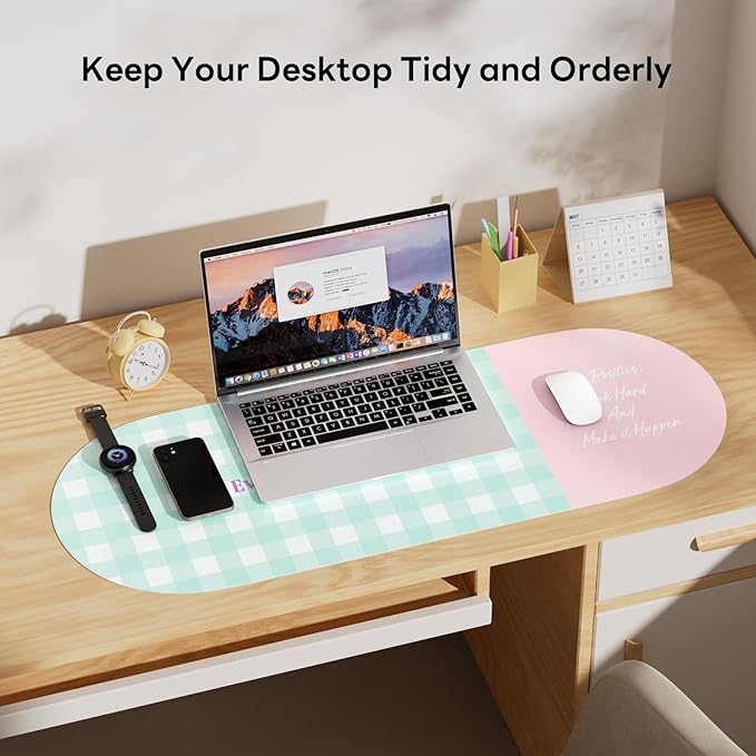 Checkered Pattern Desk Pad Protector, 35.5 x 13'' Aesthetic Mouse Mat for Desktop, Waterproof PU Leathe Non-Slip Desk Writing Pad for Office and Home, Blue-Green Pink
