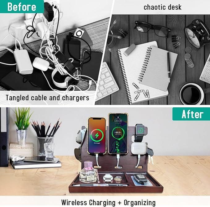 Wood Phone Docking Station with 4 USB PD & QC3.0 Fast Charger,Nightstand Organizer for Men, Dual Phone Charging Station for iPhone Samsung Google Android Anniversary Birthday Gifts for Men Him