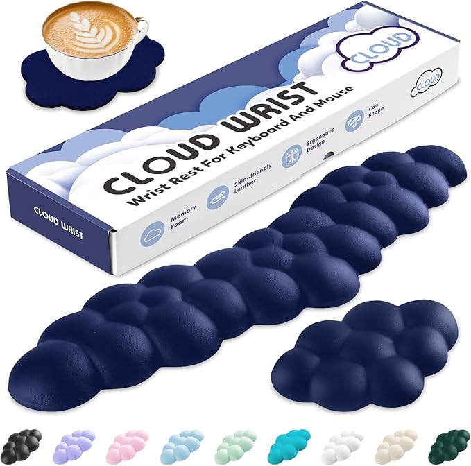 Sushret Cloud Wrist Rest for Keyboard and Mouse, Memory Foam PU Leather Keyboard Wrist Rest with Ergonomic Support, Non-Slip Base, Cute Arm Rest Pad & Palm Cushion, Office Desk Accessory, Dark Blue