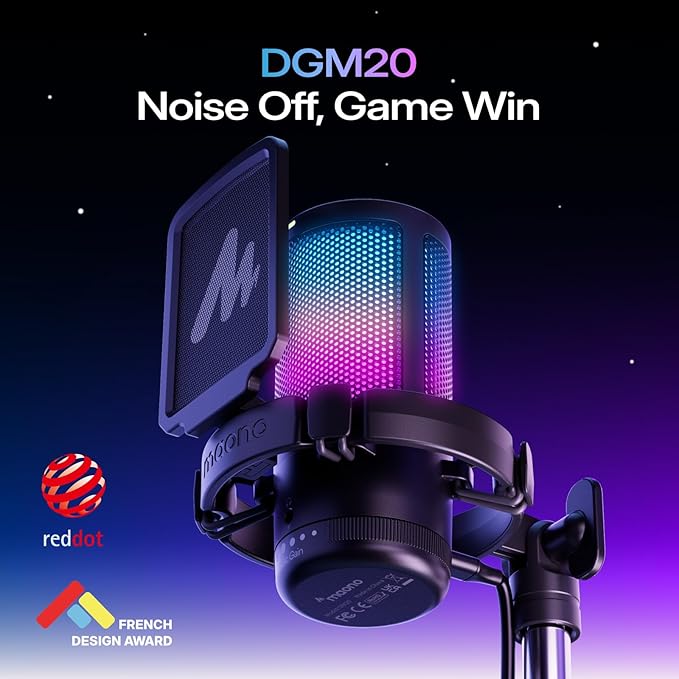 MAONO Gaming USB Microphone, Noise Cancellation Condenser Mic with Mute, Gain, Monitoring, Boom Arm Mic for Streaming, Podcast, Twitch, YouTube, Discord, PC, Computer, PS4, PS5, Mac, GamerWave DGM20S
