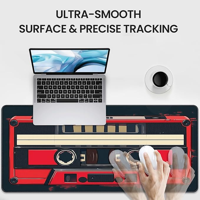 Retro Cassette Tape Design Mouse Pad, 35.4 x 15.7 Inches Gaming Desk Mat with Non-Slip Base for Home Office School Business