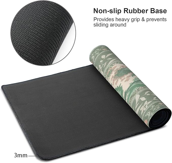 Sage Green Floral XXL Desk Pad Mat - Extra Large Mouse Pad with Anti-Slip Base & Stitched Edges for Women, Office, Home Desktop Computer Keyboard, Aesthetic Office Decor Supplies