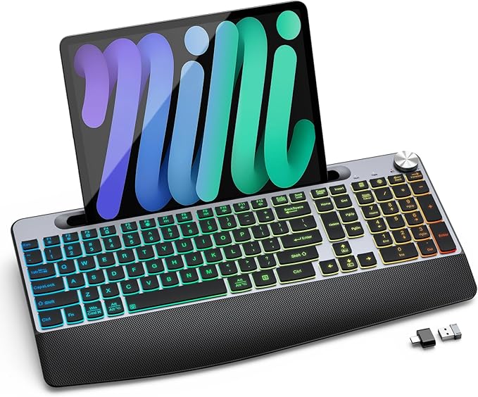 Ergonomic Backlit Wireless Keyboard with Wrist Rest-Low-Profile,Phone/Tablet Holder,Rechargeable with Light Up Keyboard,Cordless Quiet Computer Keyboard for Desktop,Laptop, PC, Mac-Grey