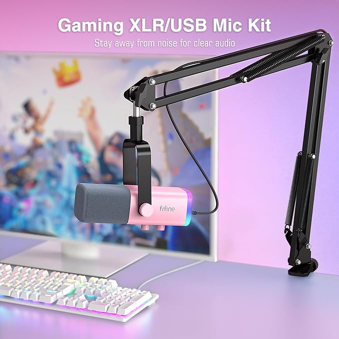 FIFINE XLR Gaming Microphone USB, PC Dynamic Microphone Kit for Vocal, Recording, Podcast, Streaming RGB Mic with Headphone Jack, Mute Button, Boom Arm Stand for Computer/Mixer-AmpliGame AM8T Pink