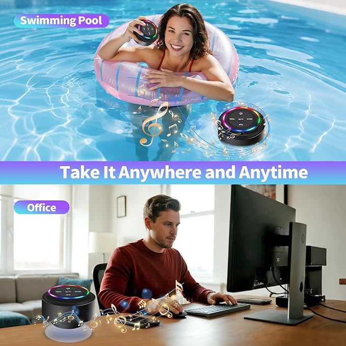 Bluetooth Shower Speaker, Portable Bluetooth Speakers with Suction Cup, IP67 Waterproof Speaker with LED Light, Wireless, Floating, for Camping Beach Travel, Gift for Men, Women