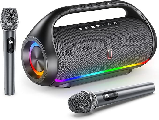 Portable Bluetooth Speaker with 2 Wireless Microphones, IPX5 Waterproof Speakers with Deep Bass & LED Lights, Loud Stereo Portable Speaker for Outdoor Indoor Home Parties Hiking Camping