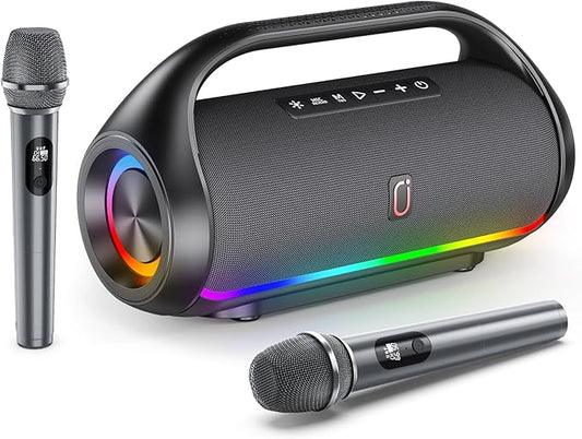 Portable Bluetooth Speaker with 2 Wireless Microphones, IPX5 Waterproof Speakers with Deep Bass & LED Lights, Loud Stereo Portable Speaker for Outdoor Indoor Home Parties Hiking Camping